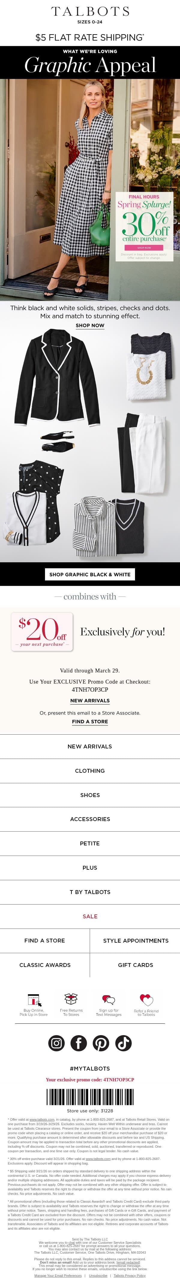 FINAL HOURS! 30% off entire purchase + $5 shipping* email from Talbots screenshot