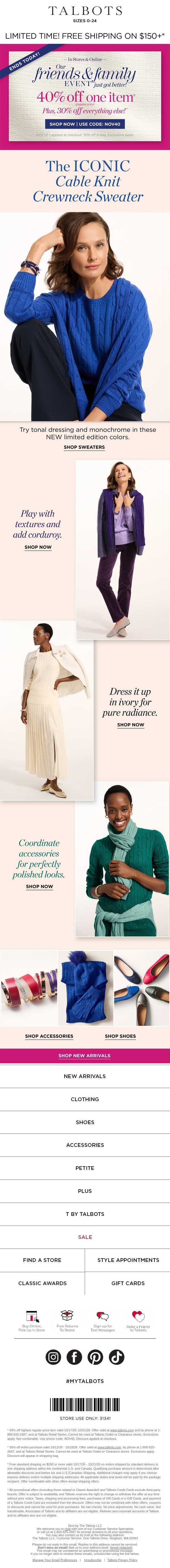ENDS TODAY! 40% off your Highest-Priced Item* email from Talbots screenshot
