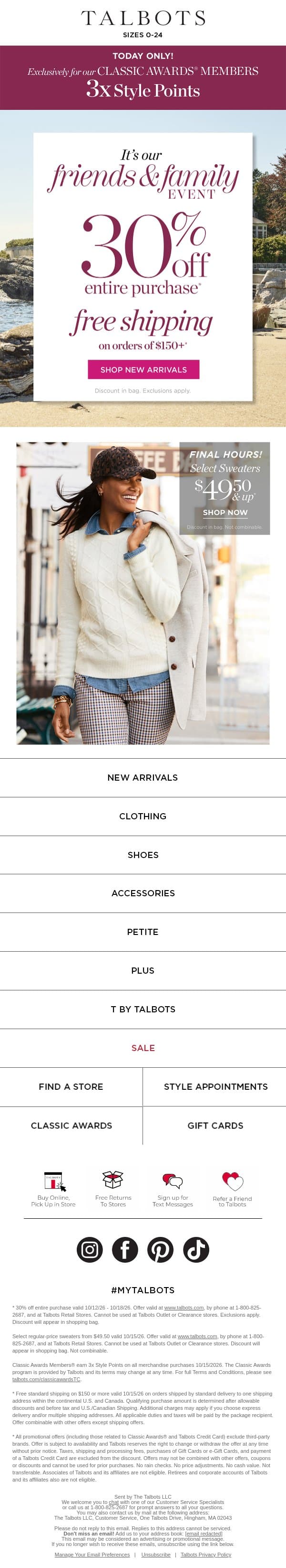 FINAL HOURS! $49.50 & up SWEATERS for the cooler temps. email from Talbots screenshot