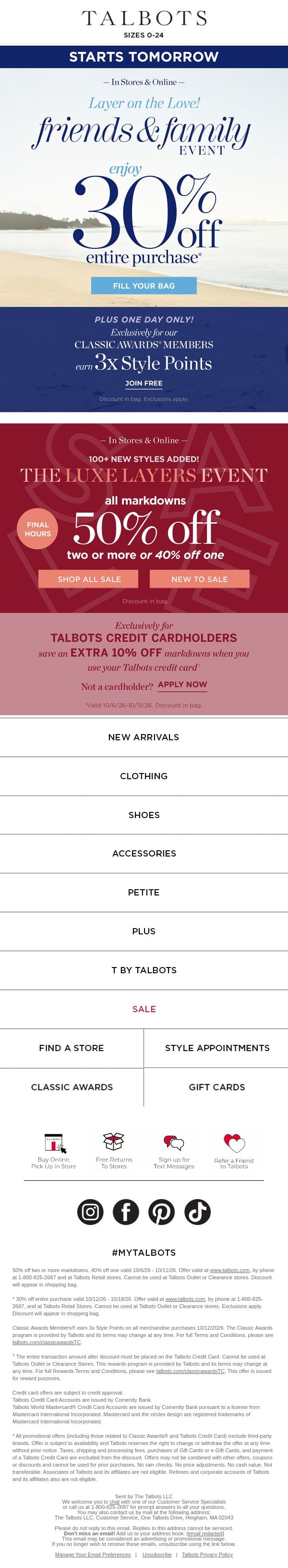 LAYER ON THE LOVE! 30% off Friends & Family STARTS TOMORROW* email from Talbots screenshot