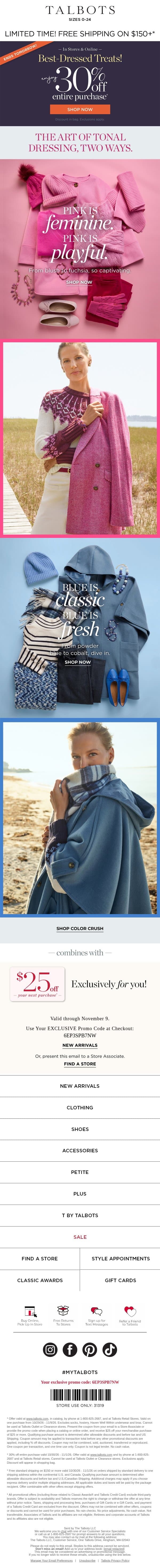 The best-dressed TREATS! 30% off your ENTIRE purchase* email from Talbots screenshot
