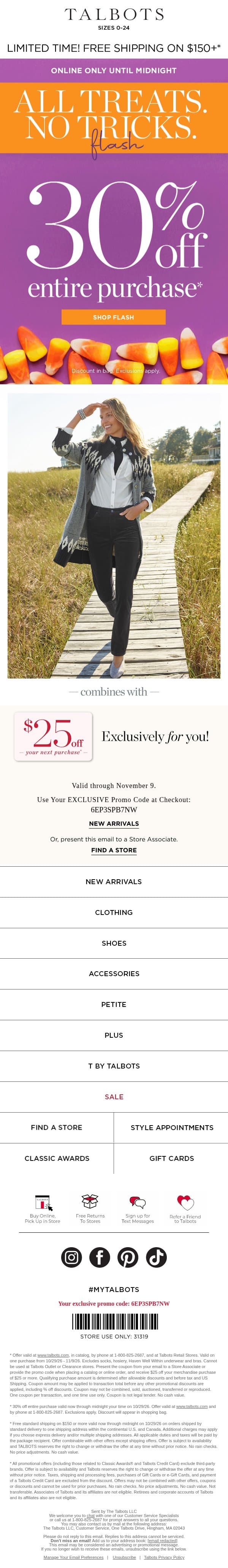 🧡 ENDS MIDNIGHT 🧡 30% off ENTIRE purchase* email from Talbots screenshot