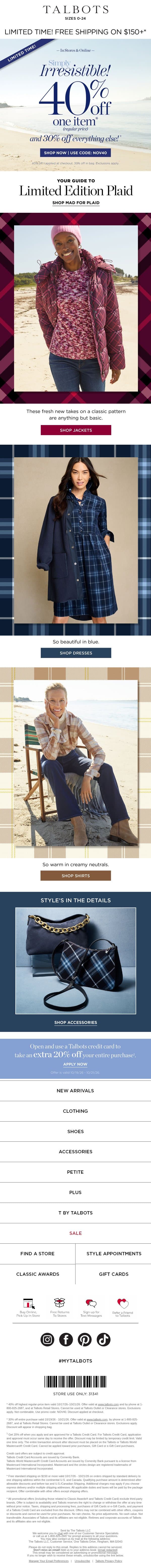 LIMITED TIME! 40% off 1 + 30% off the rest email from Talbots screenshot
