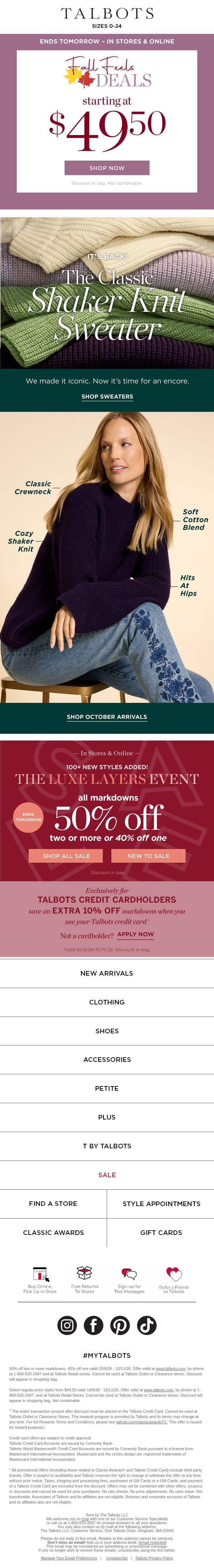 ⚡ $49.50 & up select styles ENDS TOMORROW ⚡ email from Talbots screenshot