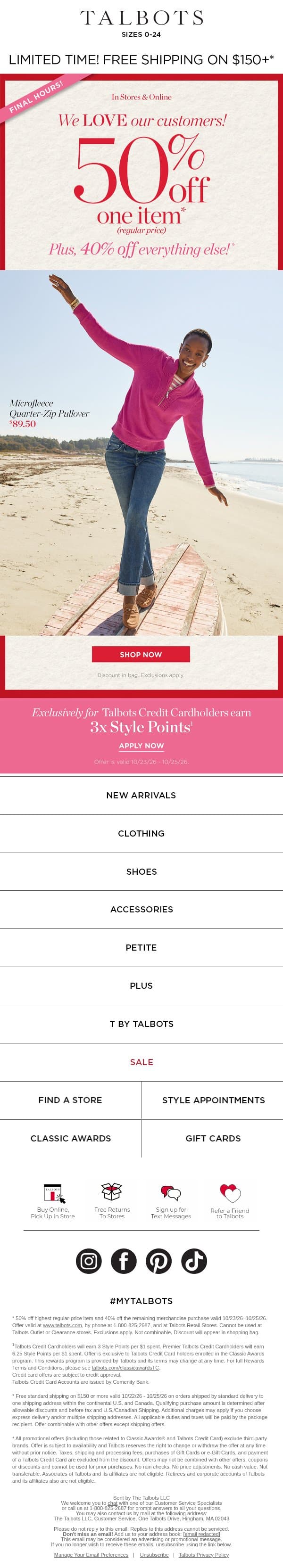 FINAL HOURS! 50% off 1 + 40% off the rest* email from Talbots screenshot