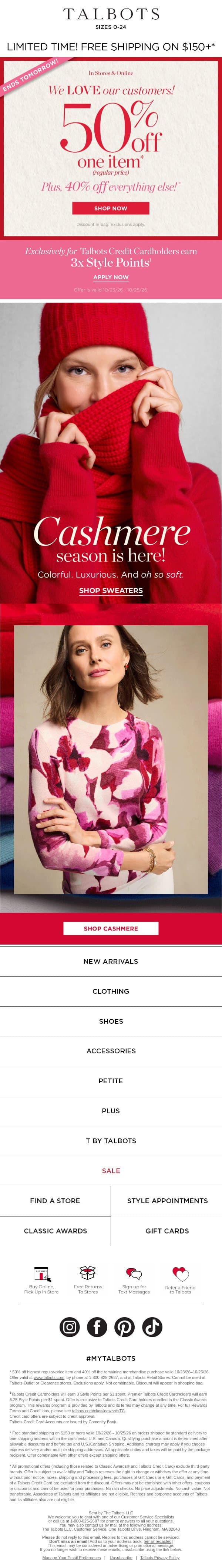 Discover our Premium Cashmere + 50% off your HIGHEST-PRICED item email from Talbots screenshot