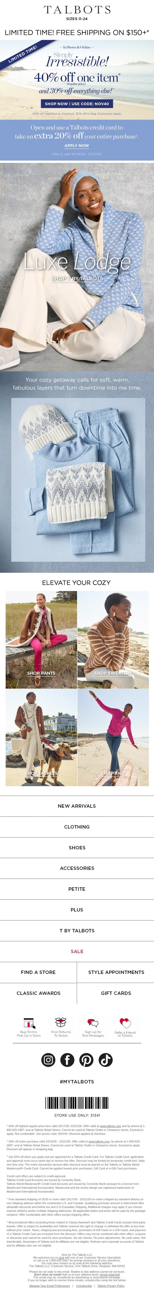 Your COZY-CHIC GETAWAY starts now. email from Talbots screenshot