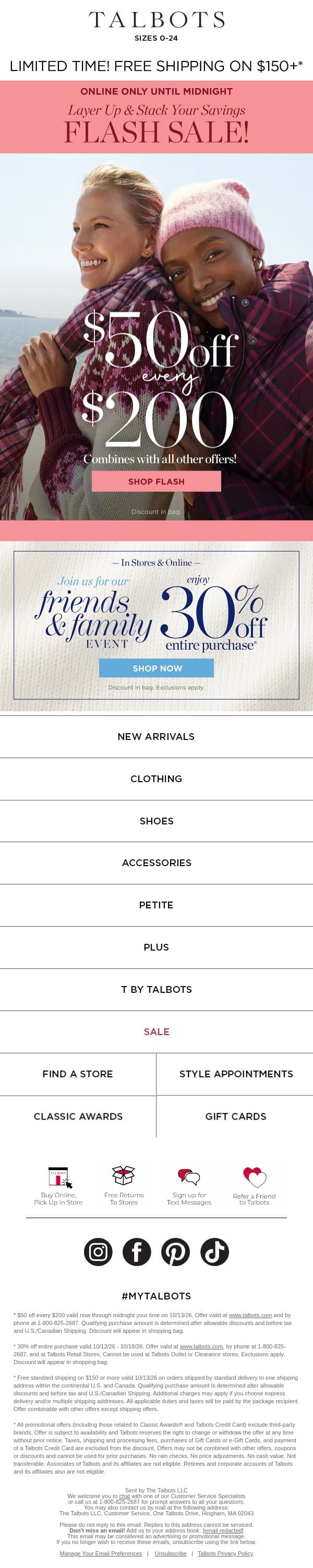 ⚡ FLASH SALE ⚡ $50 off + FREE shipping offer—Hello, fall refresh! email from Talbots screenshot