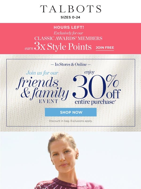 Pink is feminine. Pink is playful. Think pink for cool weather. email from Talbots