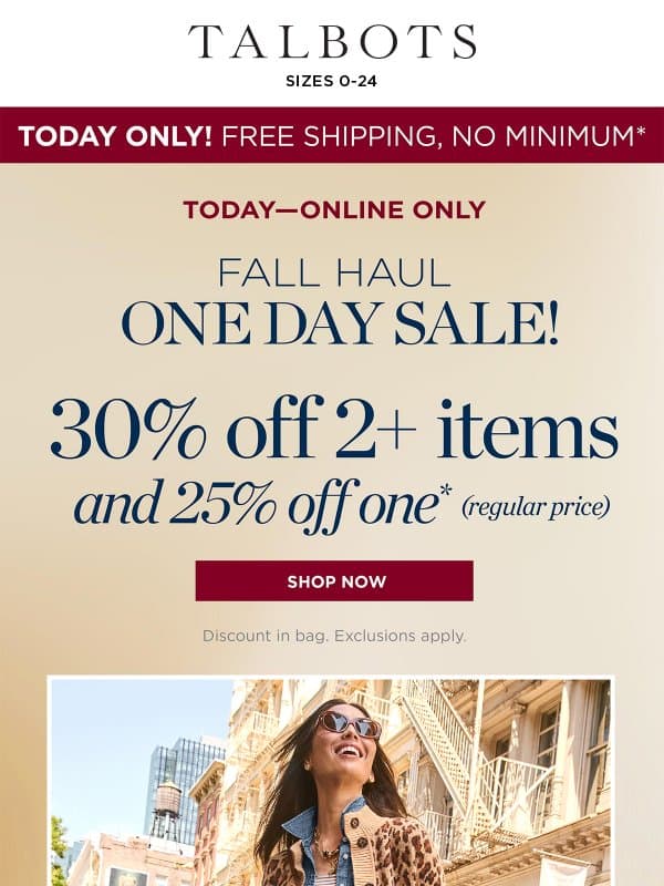 TODAY only! FREE shipping, no minimum email from Talbots