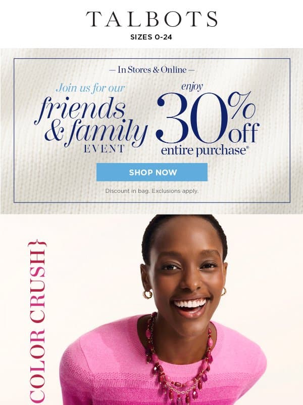 COZY UP TO YOUR NEW COLOR CRUSH. email from Talbots