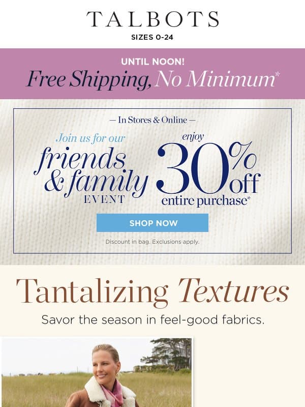 ⚡ FLASH SALE ‘til NOON ⚡ FREE SHIPPING, no minimum* email from Talbots