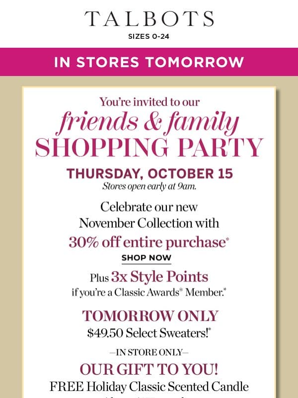 You’re invited to a PARTY tomorrow! email from Talbots