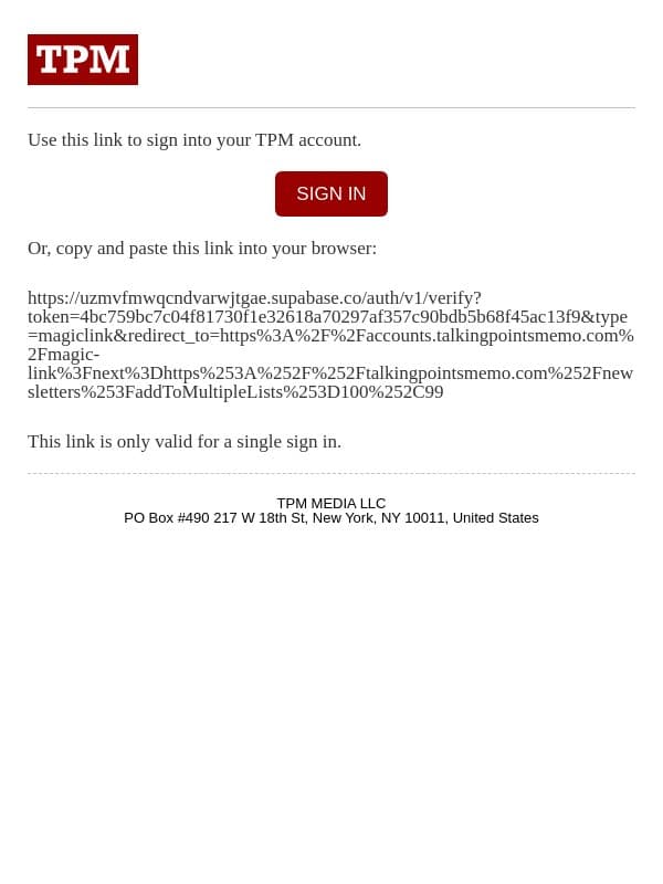 Your Magic Link email from Talking Points Memo screenshot