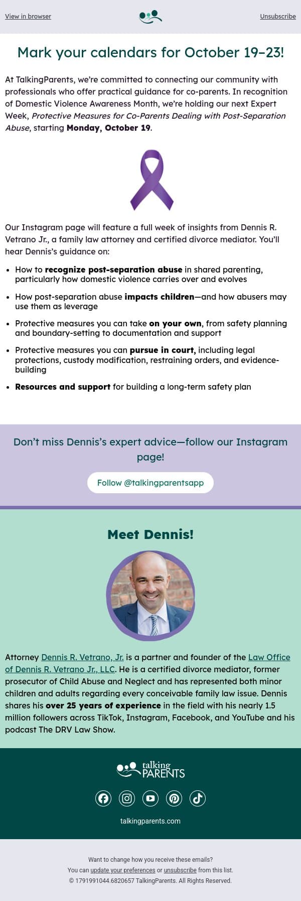 Protective Measures for Co-Parents email from TalkingParents screenshot