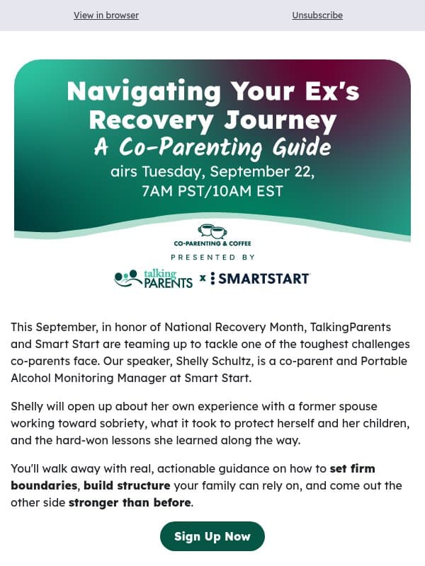 Addiction & co-parenting webinar reminder! email from TalkingParents