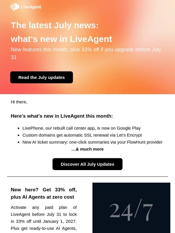 New in LiveAgent this month, plus 33% off all plans email from Tango