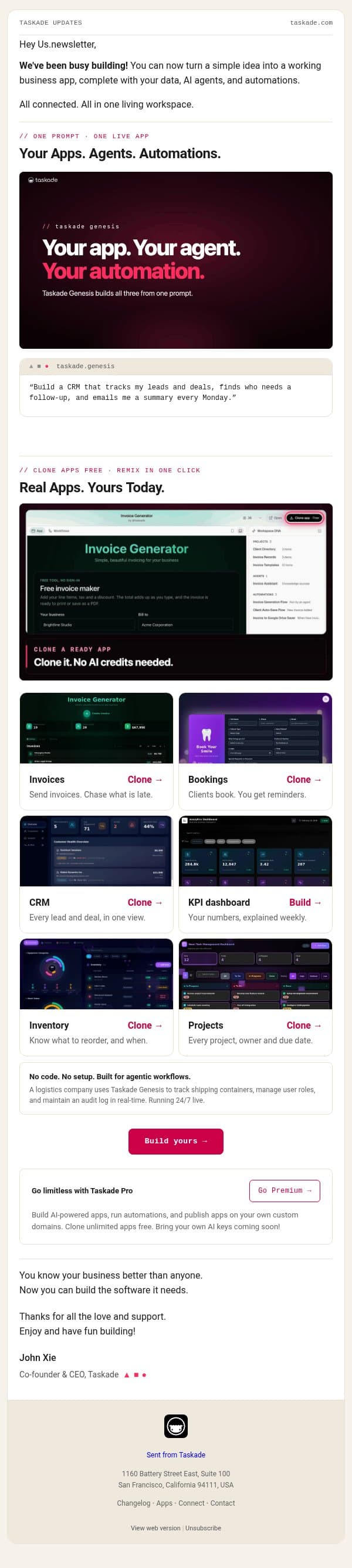 Your App. Your Agent. Your Automation. email from Taskade screenshot