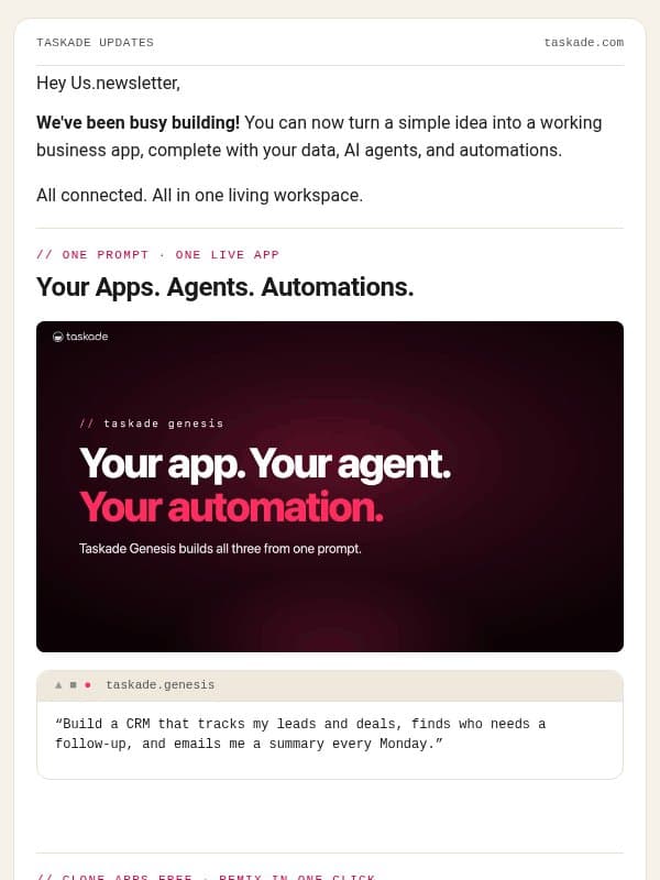 Your App. Your Agent. Your Automation. email from Taskade