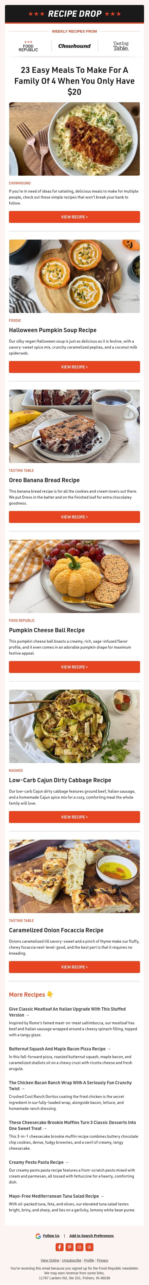 Recipe Drop 👉 23 Easy Meals To Make For A Family Of 4 When You Only Have $20 email from Tasting Table screenshot
