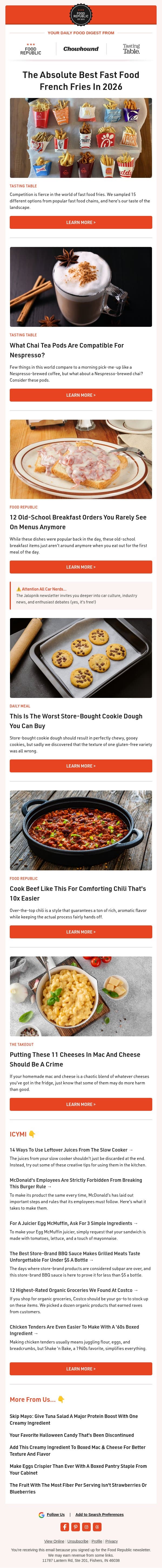 🍟 The Absolute Best Fast Food French Fries In 2026 | What Chai Tea Pods Are Compatible For Nespresso? email from Tasting Table screenshot