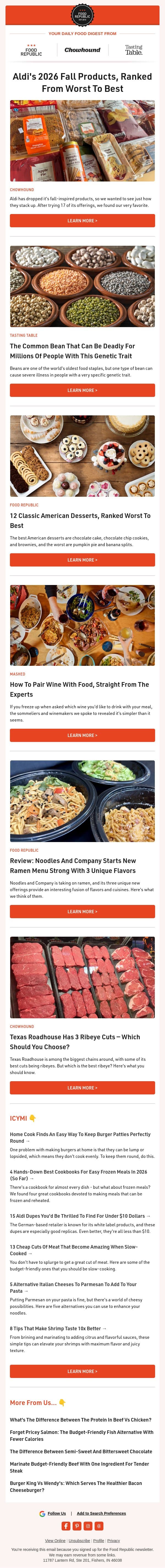 ๐ Aldi's 2026 Fall Products, Ranked | The Common Bean That Can Be Deadly For Millions Of People email from Tasting Table screenshot