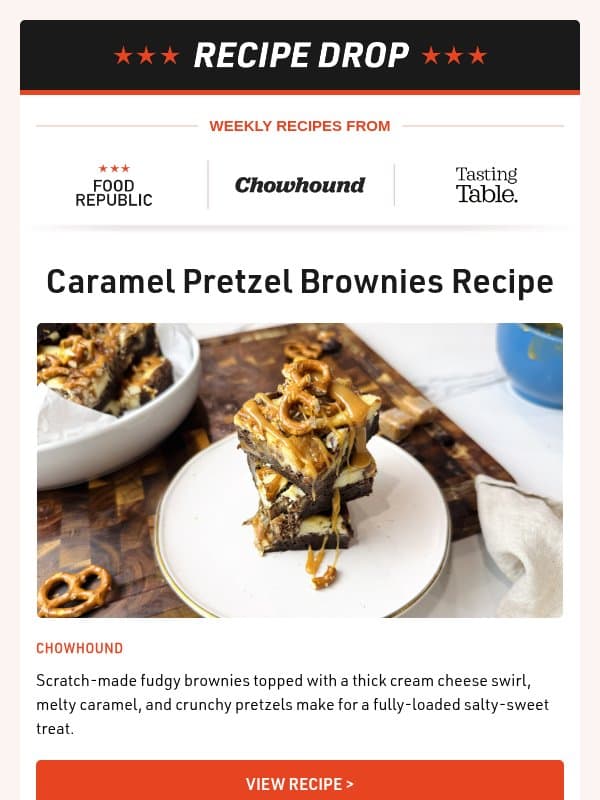 Recipe Drop 👉 Caramel Pretzel Brownies, Smash Burger Tacos Recipe, Creamy Pumpkin Pasta, And More... email from Tasting Table
