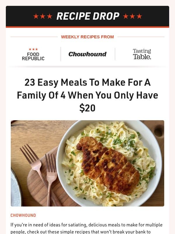 Recipe Drop 👉 23 Easy Meals To Make For A Family Of 4 When You Only Have $20 email from Tasting Table
