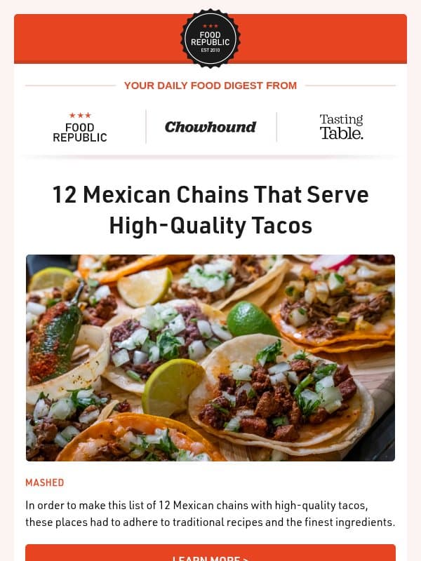 🌮 12 Mexican Chains That Serve High-Quality Tacos | The Comforting Italian Dish Loved By Frank Sinatra email from Tasting Table