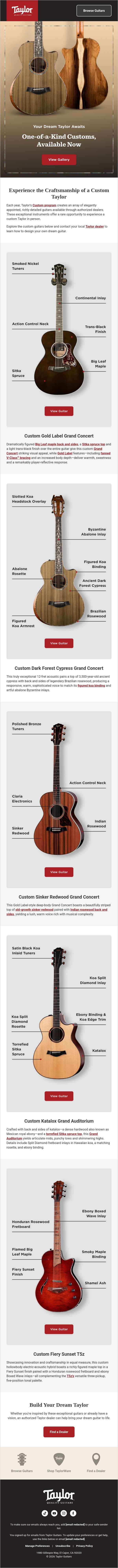 Stunning Custom Guitars Available at Select Taylor Dealers email from Taylor Guitars screenshot