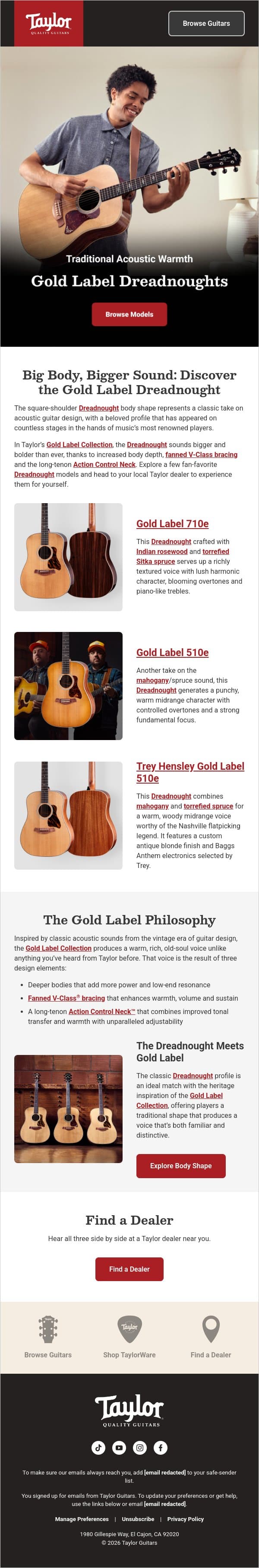 Gold Label Dreadnoughts: Classic Profile, Throwback Sound email from Taylor Guitars screenshot
