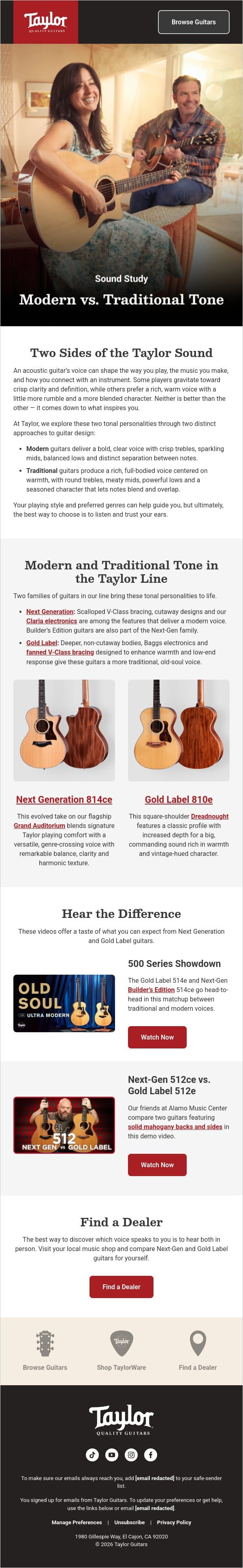 Modern Clarity vs. Traditional Warmth: Explore Your Tone email from Taylor Guitars screenshot