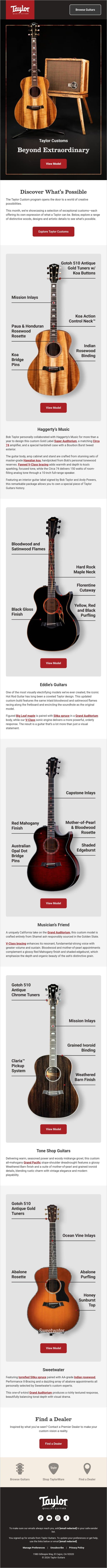 Customs Showcase: Inspired Ideas, Intentional Design email from Taylor Guitars screenshot