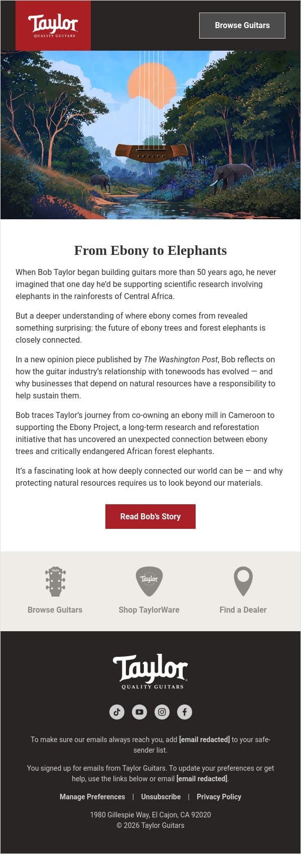 Bob Taylor in The Washington Post: From Ebony to Elephants email from Taylor Guitars screenshot