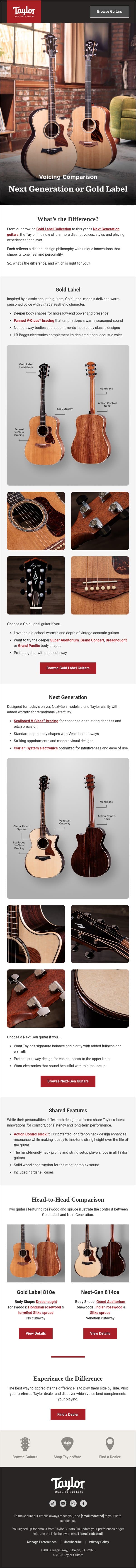 Gold Label or Next Generation: Which Speaks to You? email from Taylor Guitars screenshot