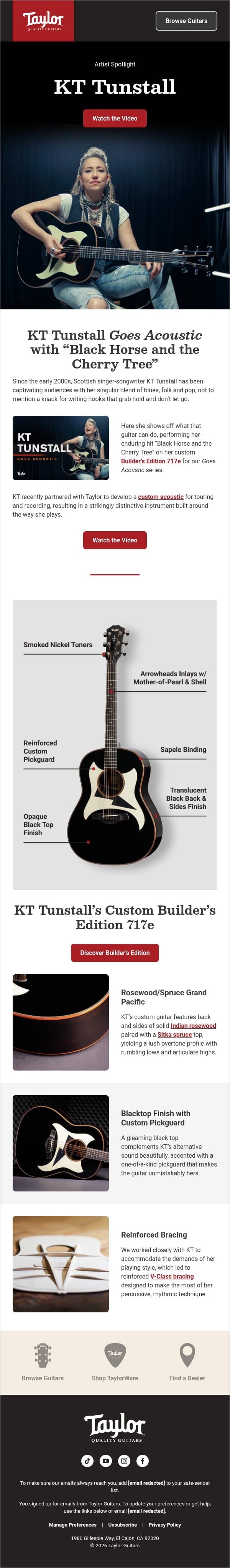 Watch KT Tunstall play “Black Horse and the Cherry Tree” email from Taylor Guitars screenshot