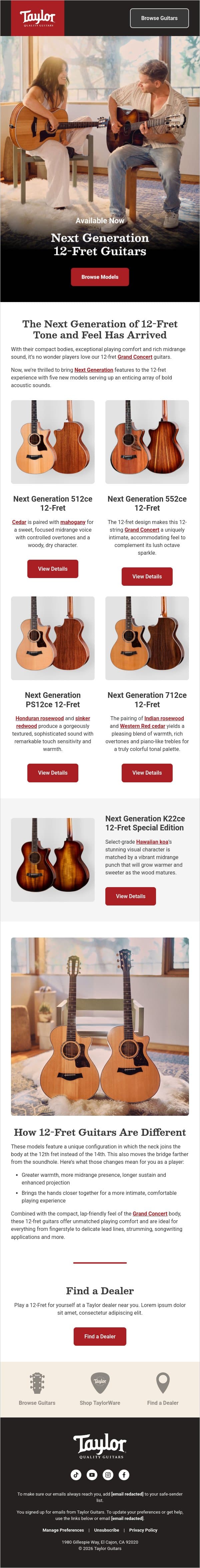 Next Generation 12-Fret Guitars Are Here email from Taylor Guitars screenshot