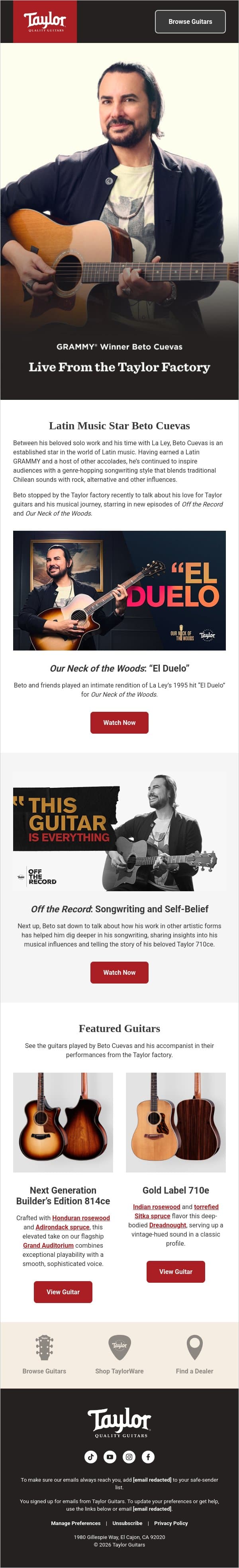 A Latin Legend Live: Beto Cuevas at the Taylor Factory email from Taylor Guitars screenshot