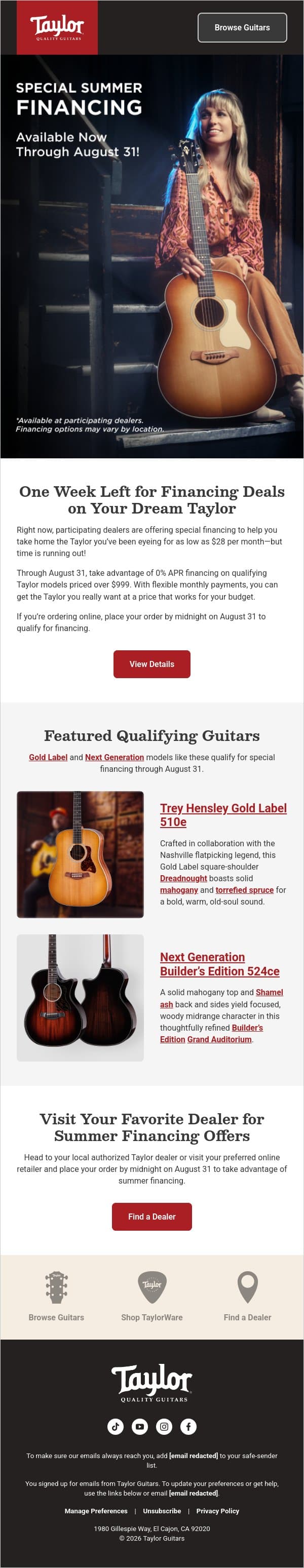 Reminder: Use Summer Financing to Get the Taylor You Want email from Taylor Guitars screenshot