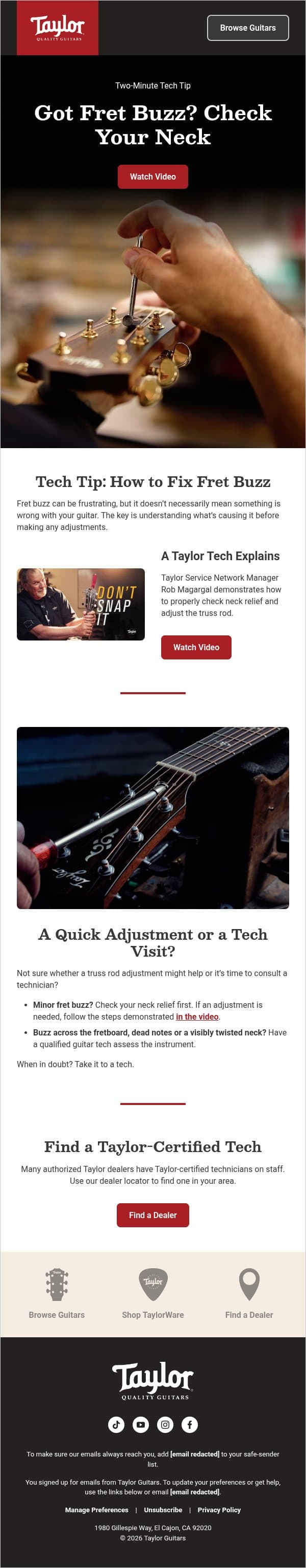 Got Fret Buzz? Here’s How to Check Your Neck. email from Taylor Guitars screenshot