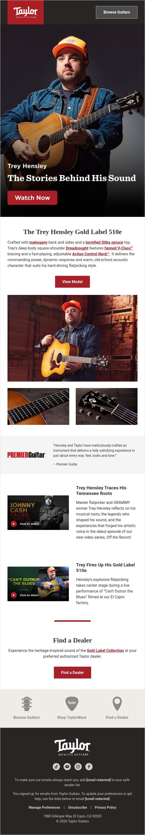 Trey Hensley Goes “Off the Record”: Debut Episode email from Taylor Guitars screenshot