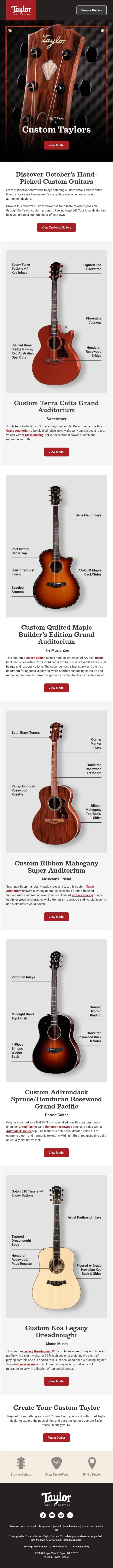 Five Custom Taylors Available Now email from Taylor Guitars screenshot