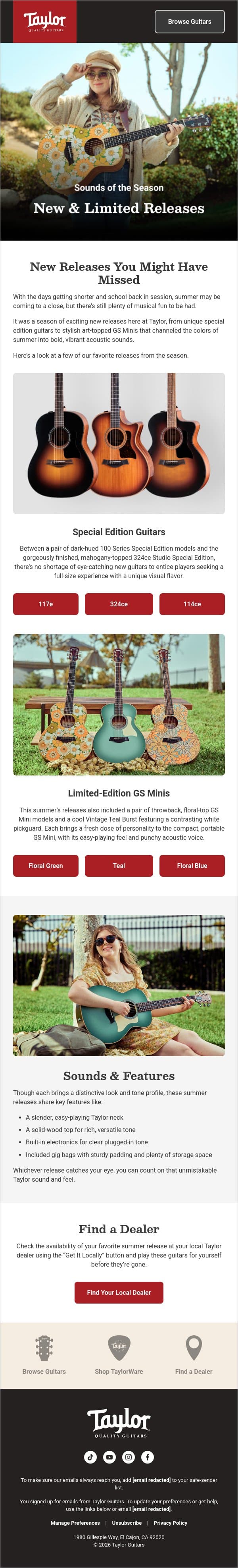 Flower Power: End of Summer Specials & Limited Editions email from Taylor Guitars screenshot