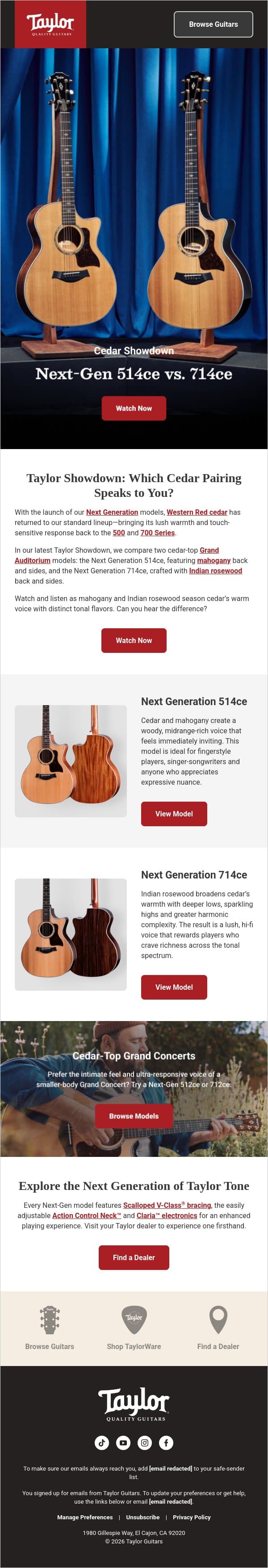 Watch Now: Cedar-Top Next-Gen 514ce vs. 714ce email from Taylor Guitars screenshot