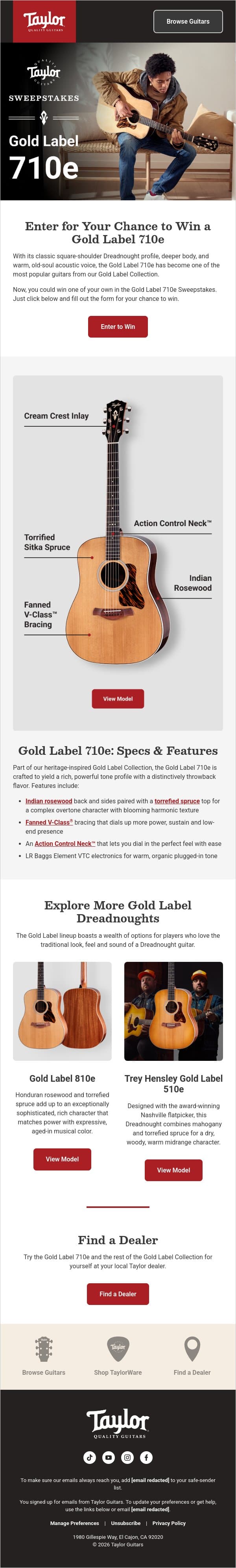Enter to Win a Taylor Gold Label 710e! email from Taylor Guitars screenshot