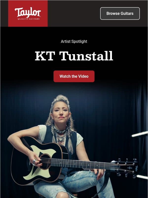 Watch KT Tunstall play “Black Horse and the Cherry Tree” email from Taylor Guitars