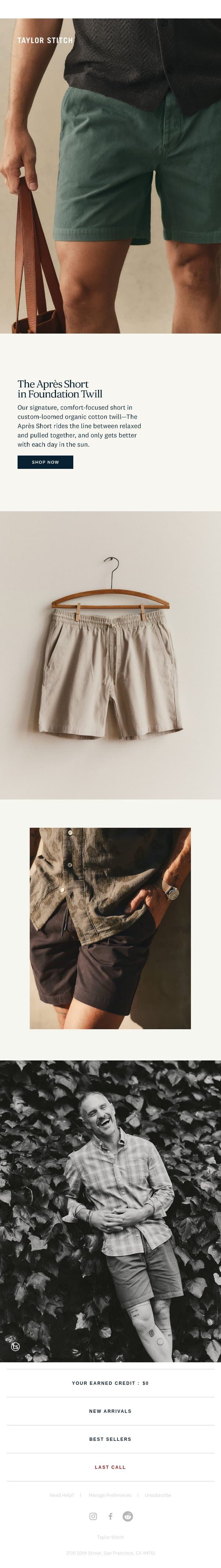 One Short. Any Setting. email from Taylor Stitch screenshot