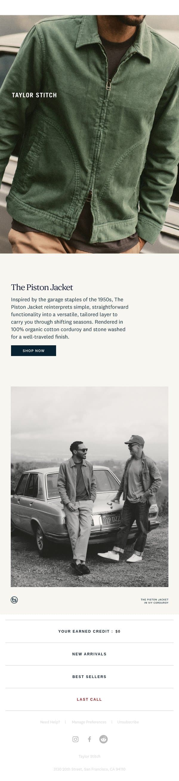 The Piston Jacket email from Taylor Stitch screenshot