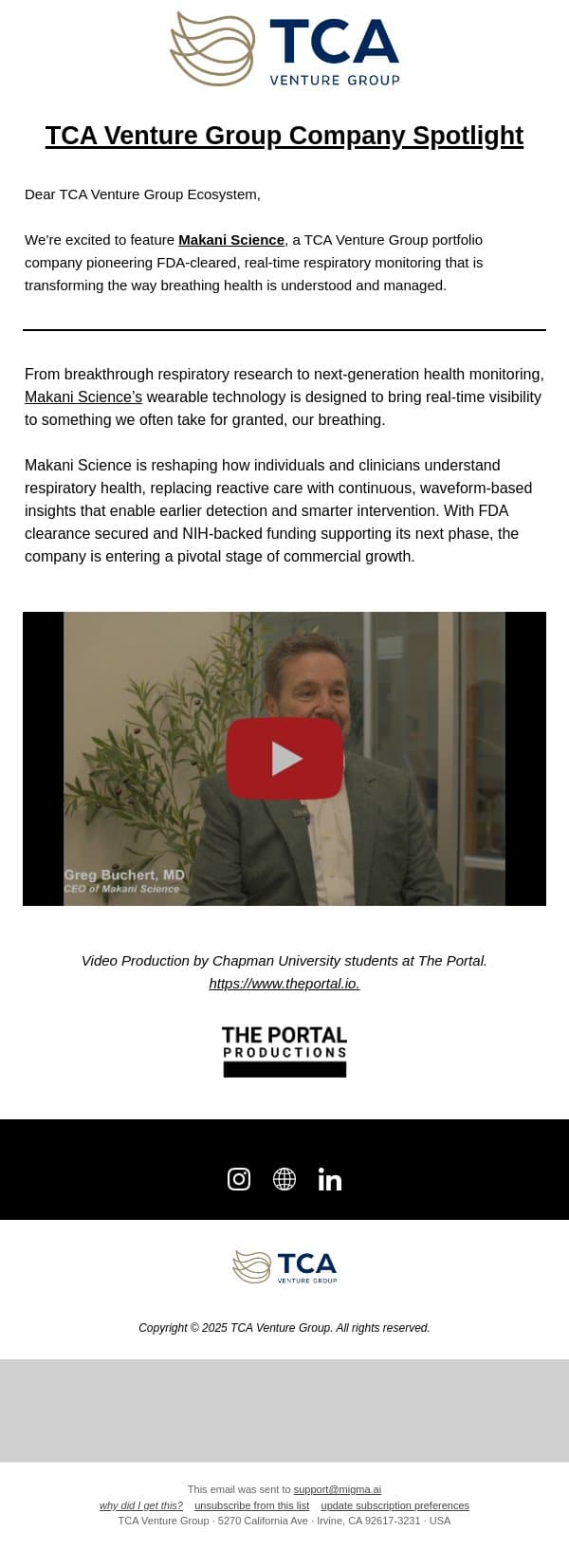 TCA Company Spotlight email from TCA Venture Group screenshot