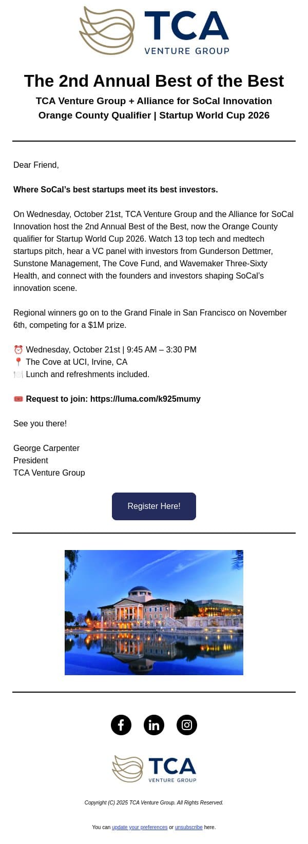 Come meet the Best of the Best in SoCal! email from TCA Venture Group screenshot